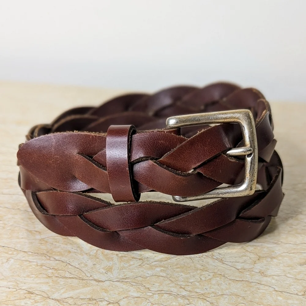 Vintage Gap Braided Dark Brown Leather Silver Tone Brass Buckle Belt Size L